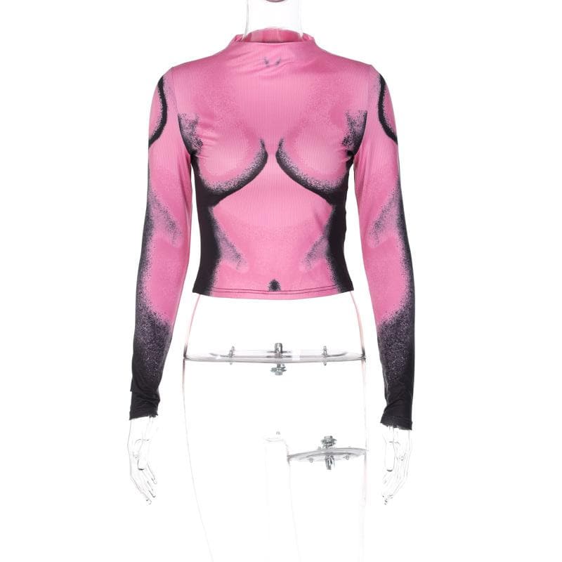 Long sleeve contrast high neck body print crop top