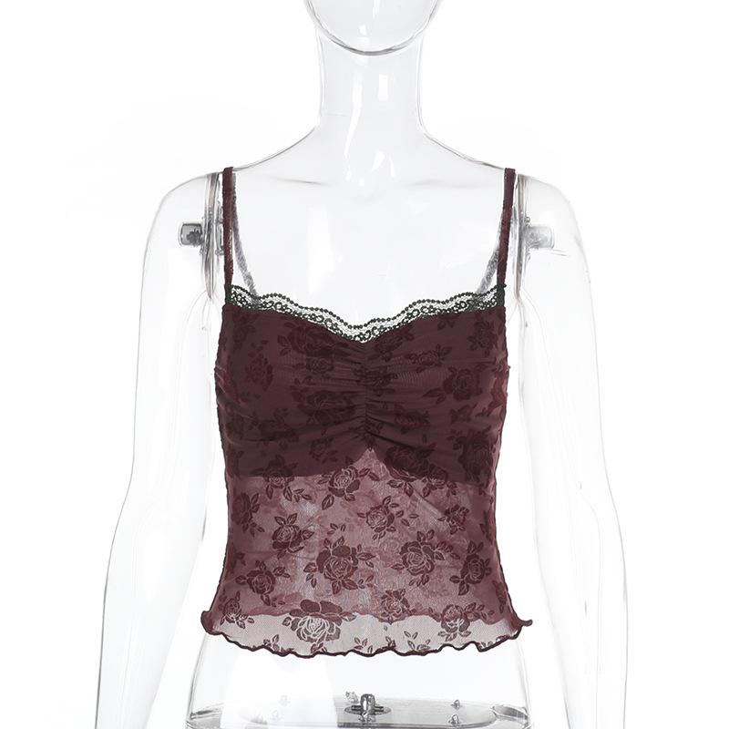 Lace hem ruched flower pattern mesh cami top