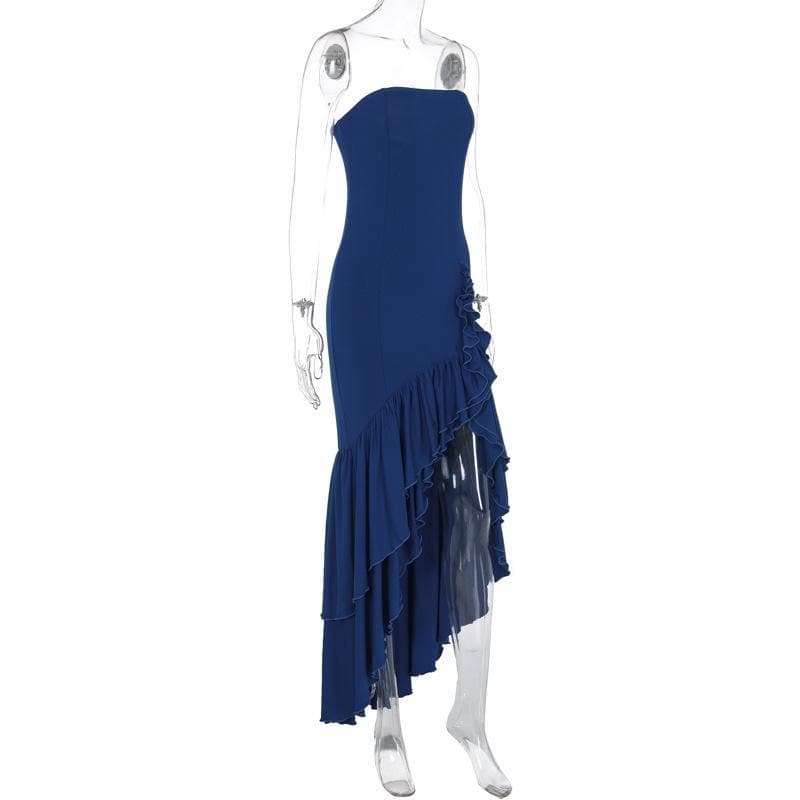 Ruffle ruched irregular solid tube maxi dress