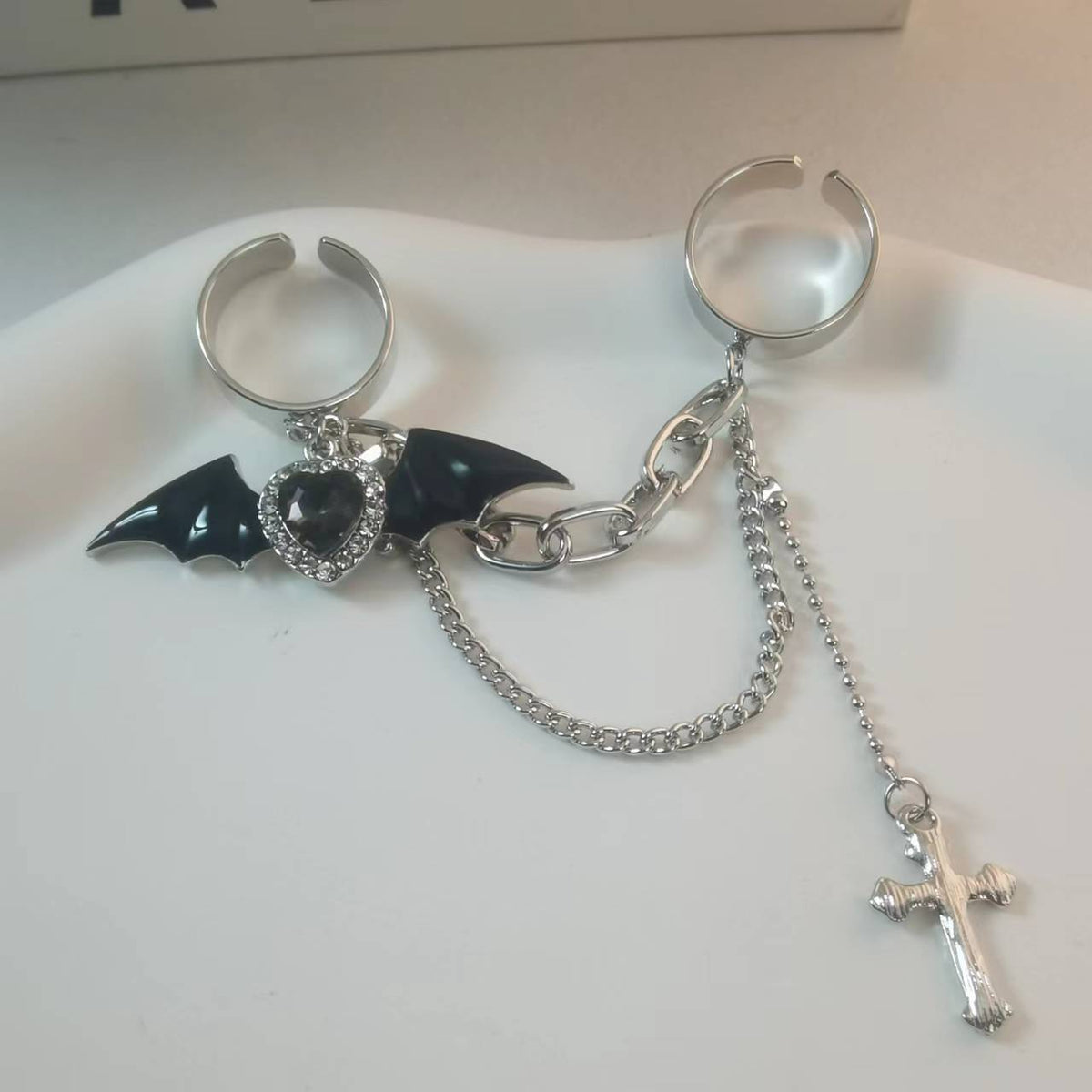Bat heart rhinestone cross adjustable ring