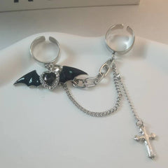 Bat heart rhinestone cross adjustable ring