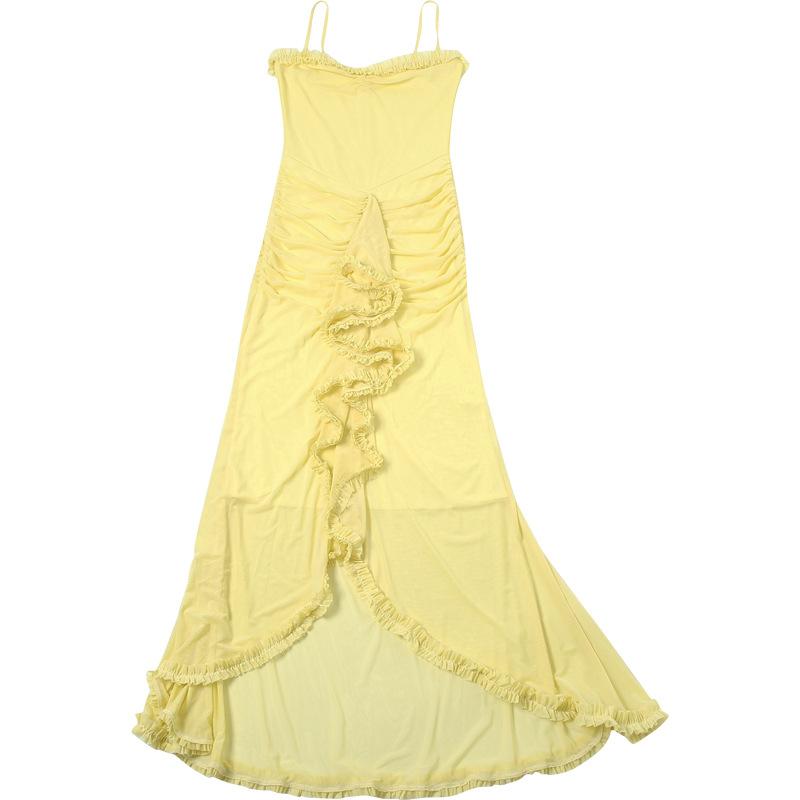 Mesh ruffle solid backless cami maxi dress
