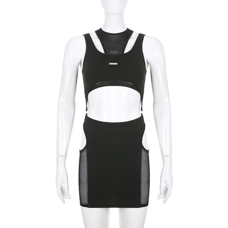 Mesh hollow out metal tag sleeveless 2 piece skirt set