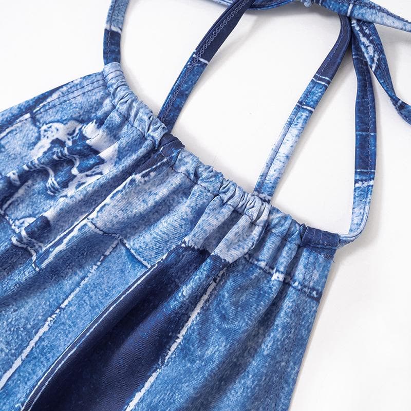 Self tie drawstring halter backless denim print contrast mini dress