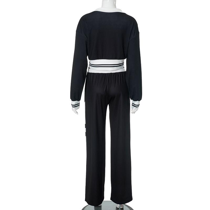 Turnover collar zip-up contrast sports pants set