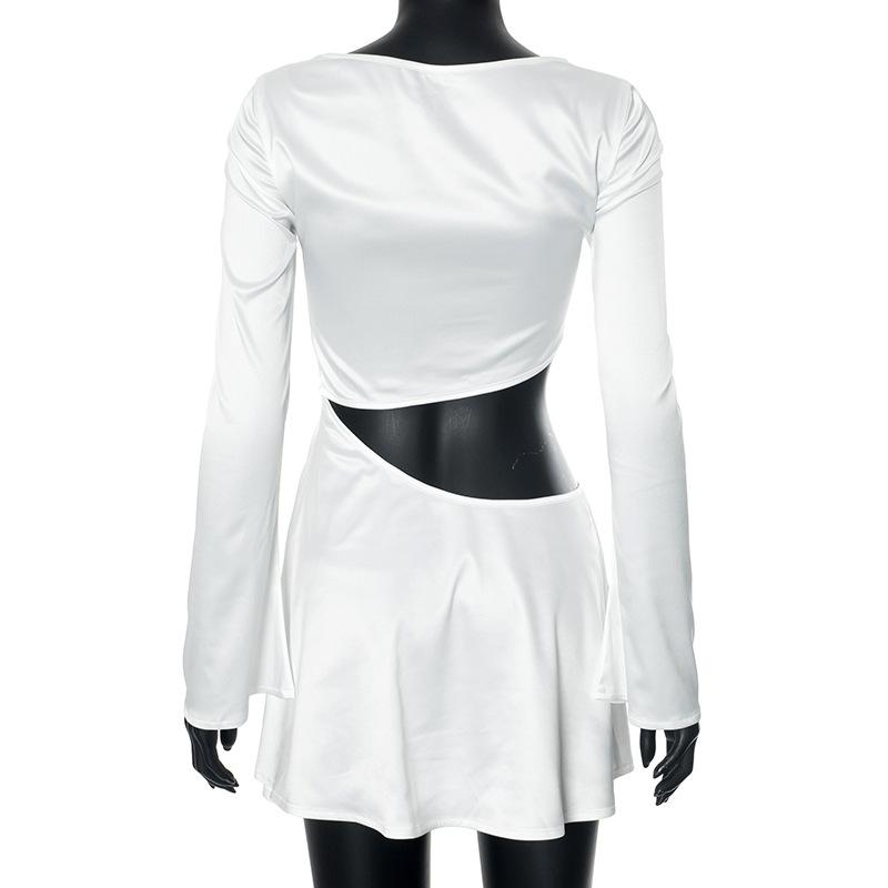 Long sleeve hollow out solid mini dress
