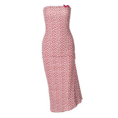 Heart print contrast slit bowknot backless tube midi dress  | red tango dress