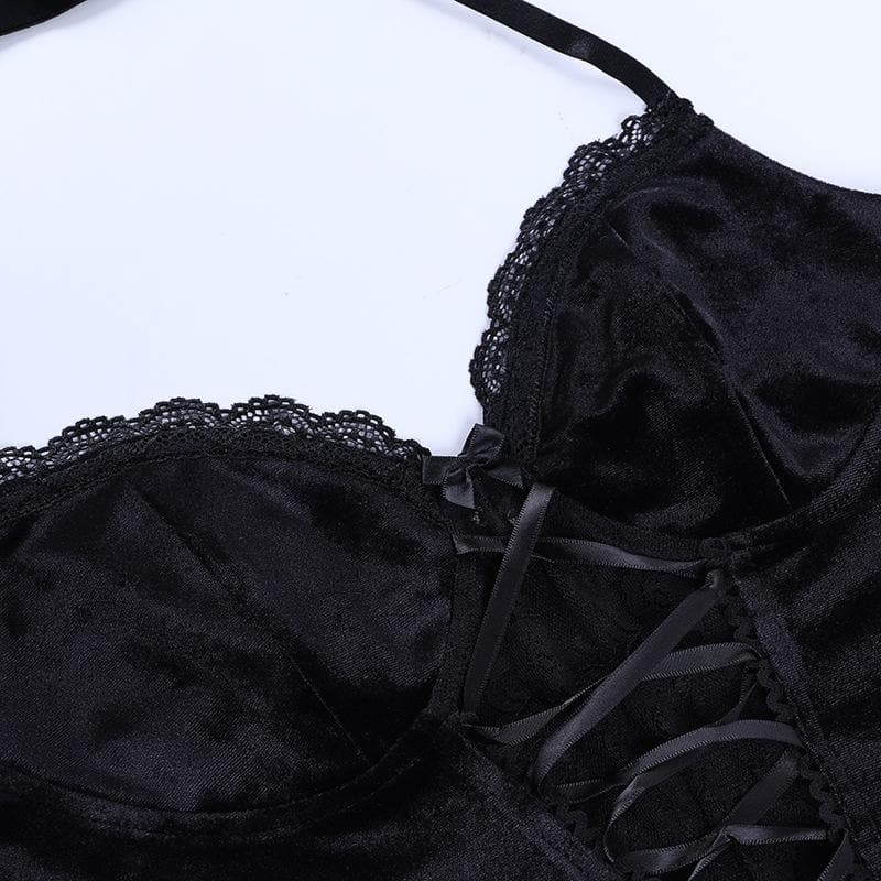 Velvet halter buttoned lace up crop top