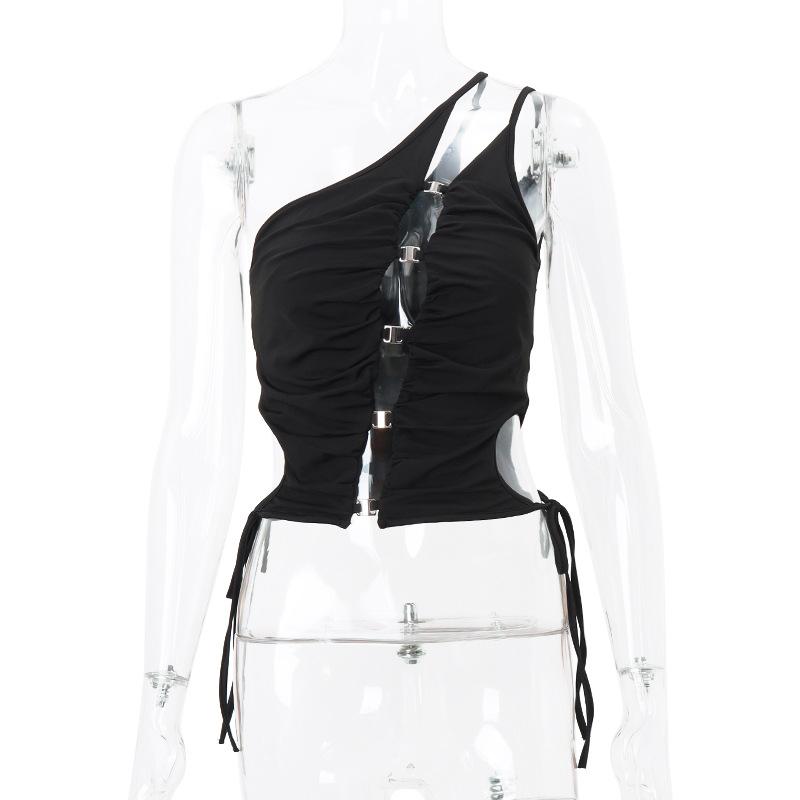 One shoulder hollow out metal buckle self tie crop top