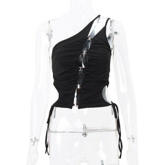One shoulder hollow out metal buckle self tie crop top
