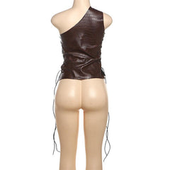 One shoulder PU leather lace up hollow out irregular top