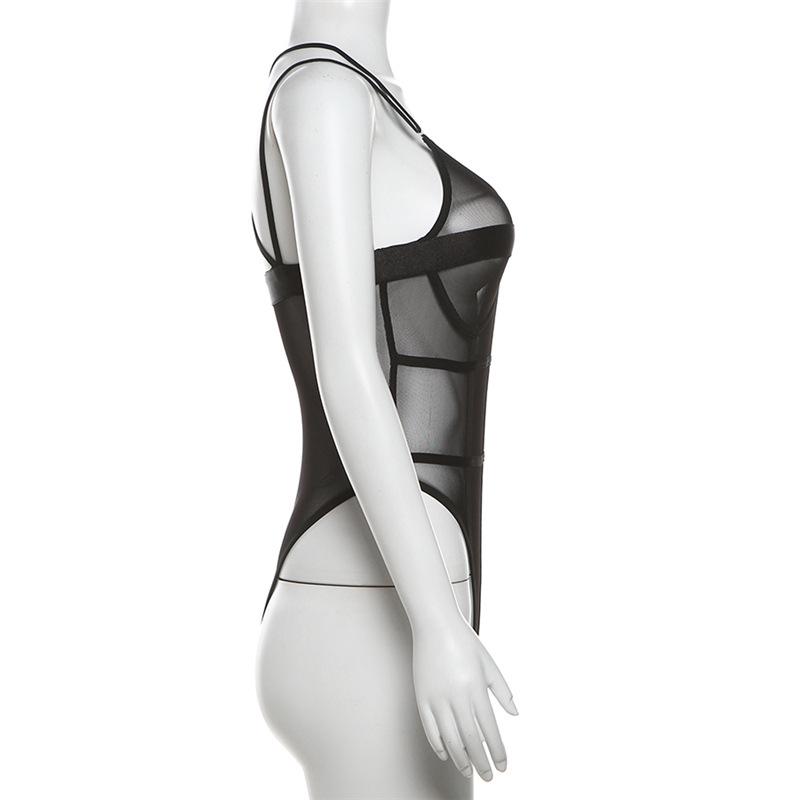 Stitch mesh patchwork cross back cami bodysuit