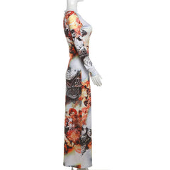 Long sleeve crewneck print ruffle contrast maxi dress