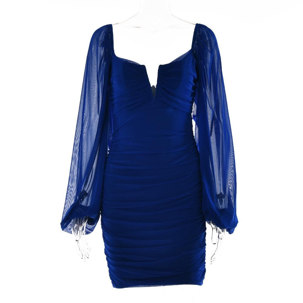 Mesh solid long sleeve ruched notch neck zip-up mini dress  | red tango dress