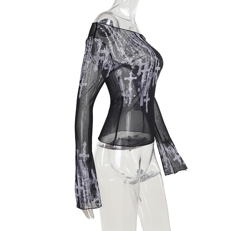 Long sleeve cross print off shoulder sheer mesh top