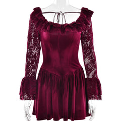 Long sleeve lace velvet self tie mini dress