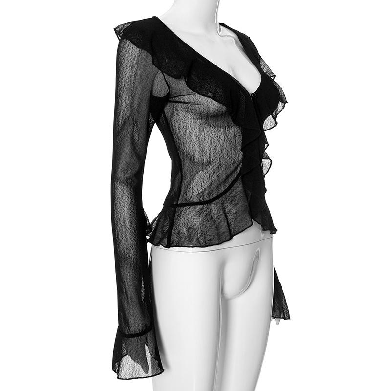 Long flared sleeve chiffon ruffle see through top