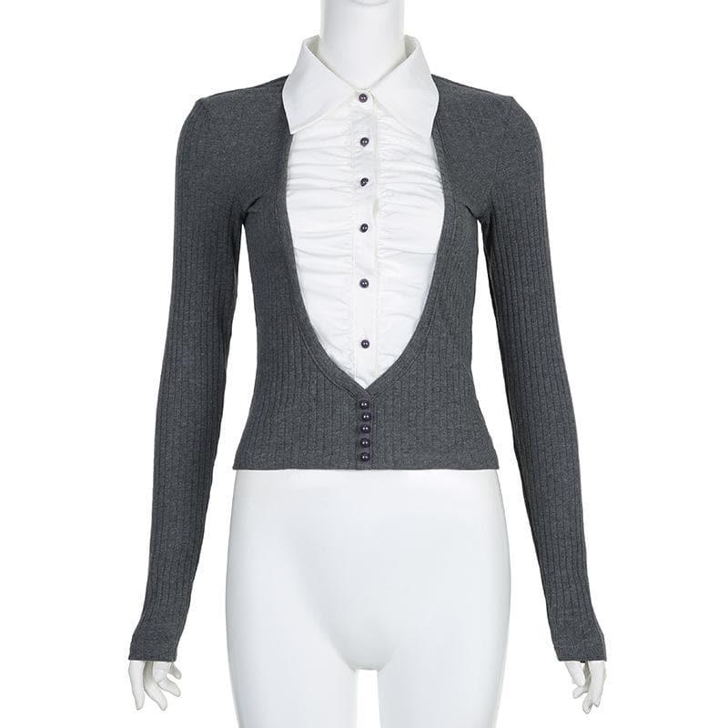 Turnover collar long sleeve button ruched contrast patchwork top