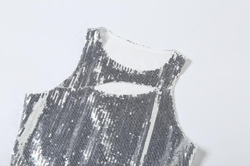 Crewneck glitter hollow out ruffle irregular crop cut out top