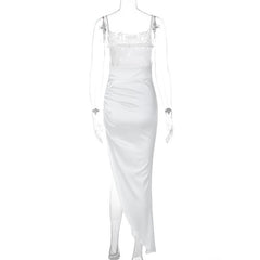 Lace satin patchwork irregular high slit ruched cami maxi dress