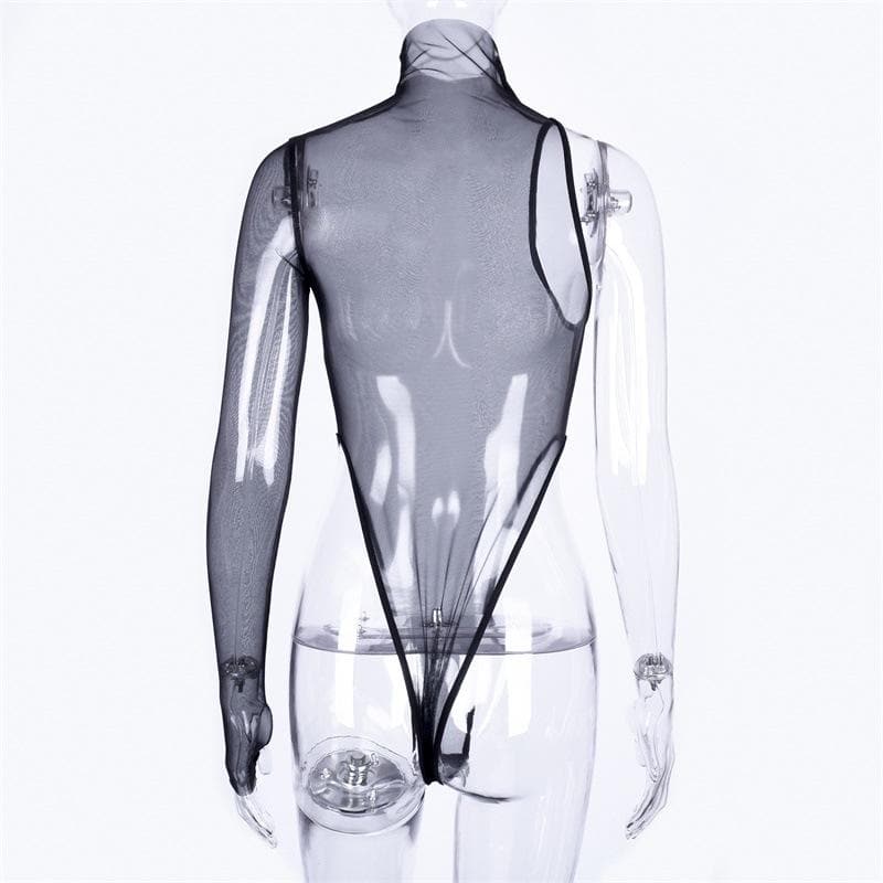 Sheer mesh see through one shoulder irregular gloves bodysuit