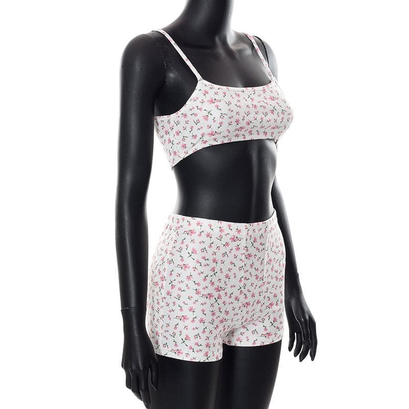 Floral print textured cami crop top short pant set