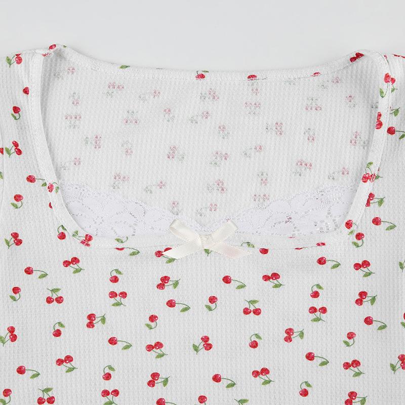 Cap sleeve textured cherry print bowknot lace hem top