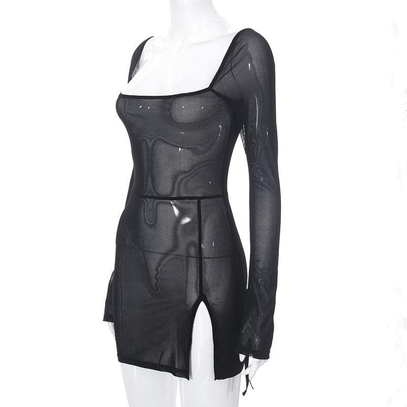 Sheer mesh see through square neck slit long sleeve mini dress  | samba dress