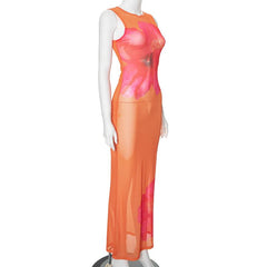 Sleeveless crewneck flower print sheer mesh maxi dress  | samba dress