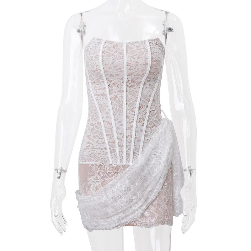 Irregular ruched backless lace up bustier tube mini dress  | red tango dress