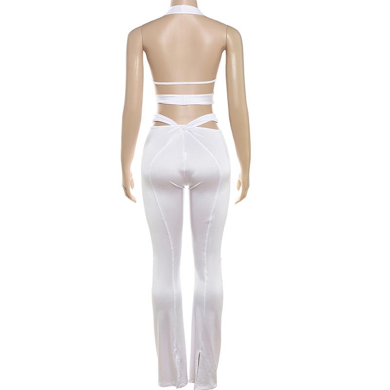 Halter v neck cross front backless hollow out pant set