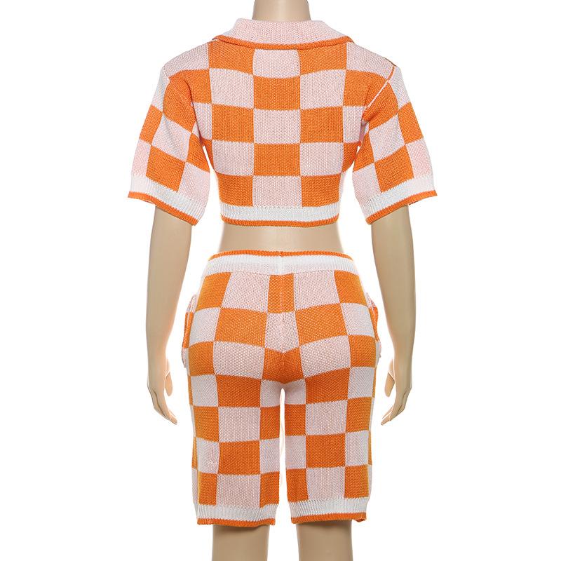 Turnover collar button drawstring plaid knitted pant set