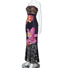 Lace flower print patchwork backless tube maxi dress