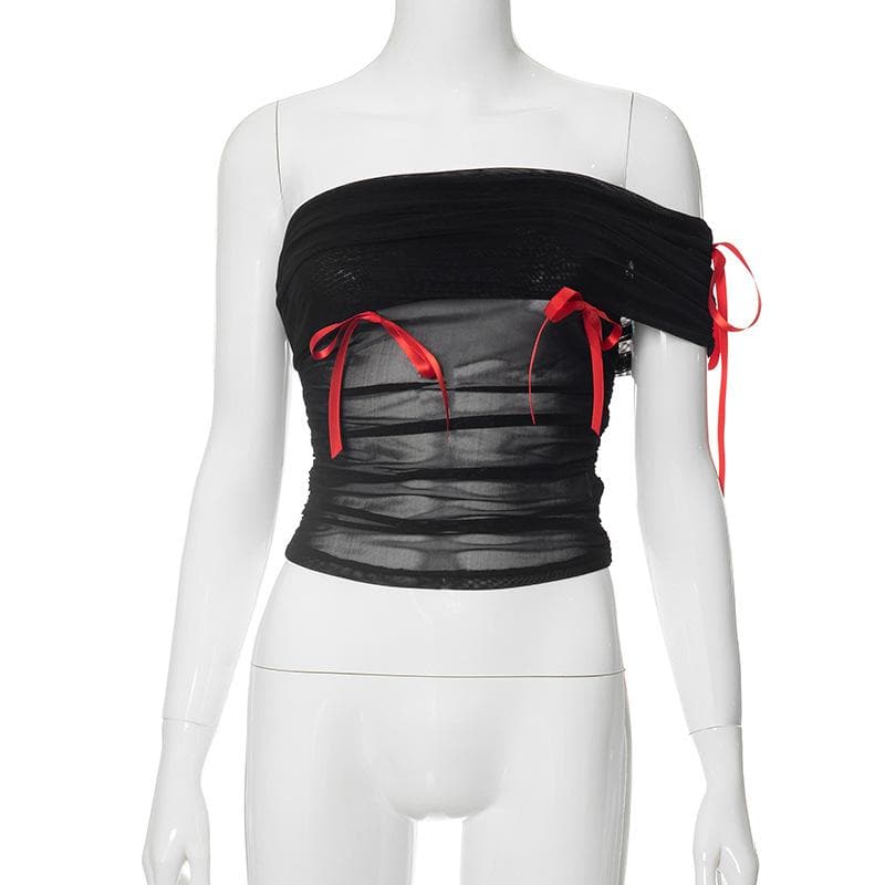 Sheer mesh see through bowknot irregular off shoulder top