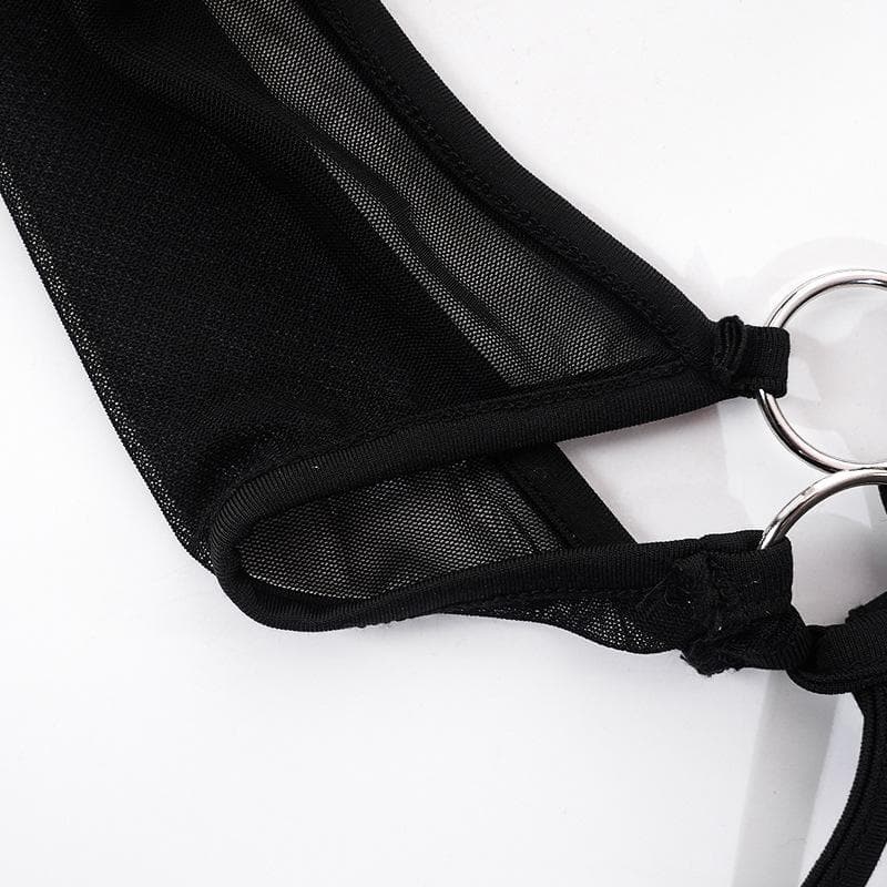 Mesh halter o ring solid hollow out backless patchwork crop cut out top