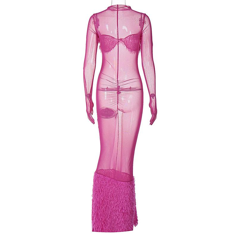 Long sleeve gloves high neck feather mesh see through maxi dress  | red tango dress