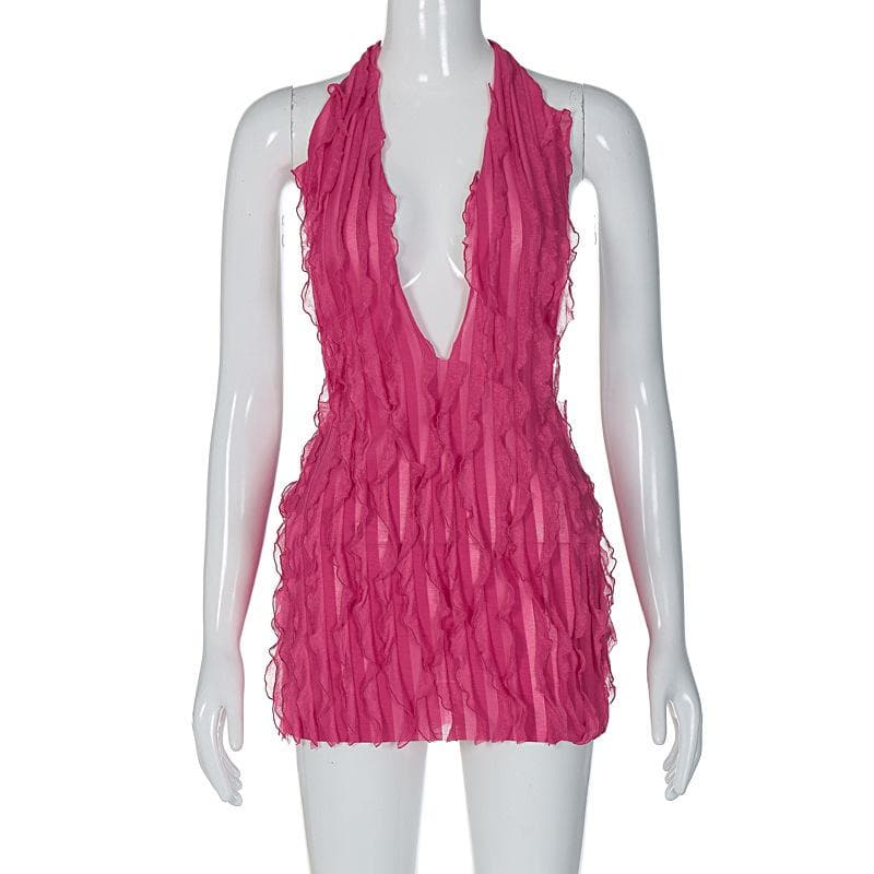 Textured ruffle solid halter self tie v neck backless mini dress  | red tango dress