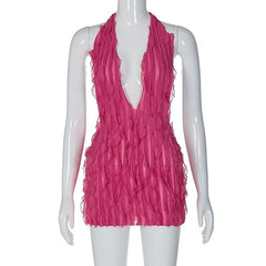 Textured ruffle solid halter self tie v neck backless mini dress  | red tango dress