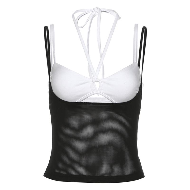 Halter hollow out mesh contrast 2 piece cami top