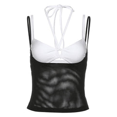 Halter hollow out mesh contrast 2 piece cami top