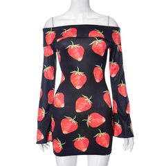 Off shoulder long sleeve strawberry print contrast mini dress