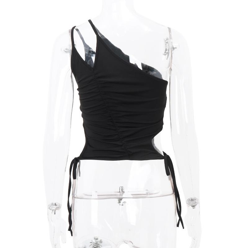 One shoulder hollow out metal buckle self tie crop top