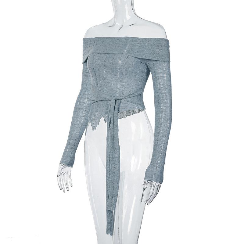 Long sleeve odd shoulder knotted knitted top