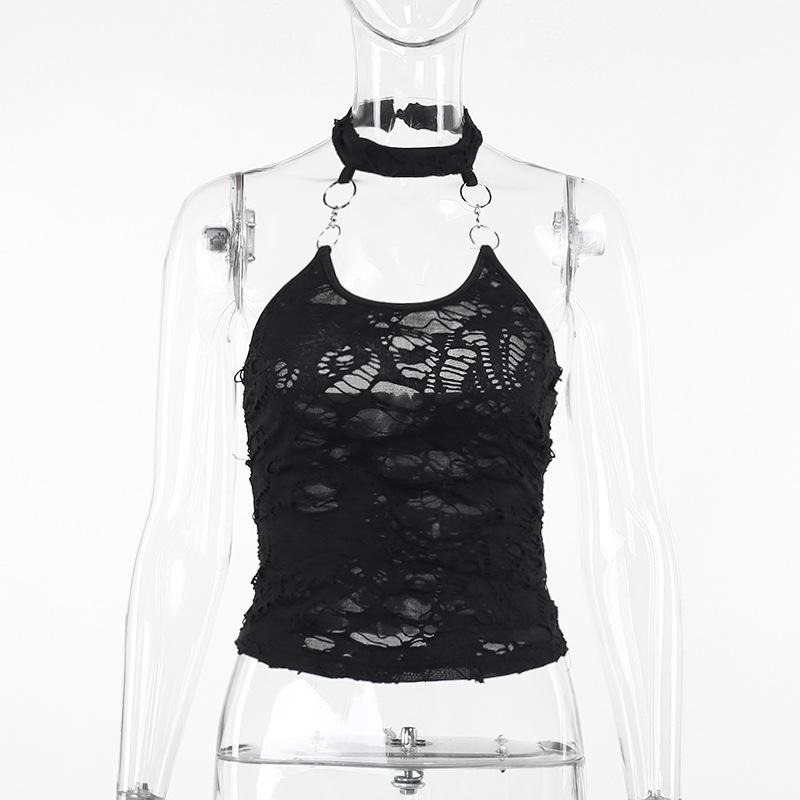 Halter u neck o ring hollow out see through top