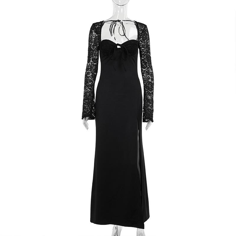 Sweetheart neck long sleeve self tie slit maxi dress