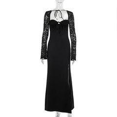 Sweetheart neck long sleeve self tie slit maxi dress
