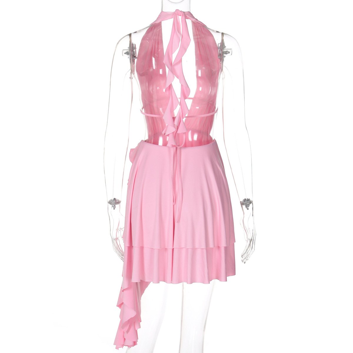 Halter low cut ruffle ruched mini dress