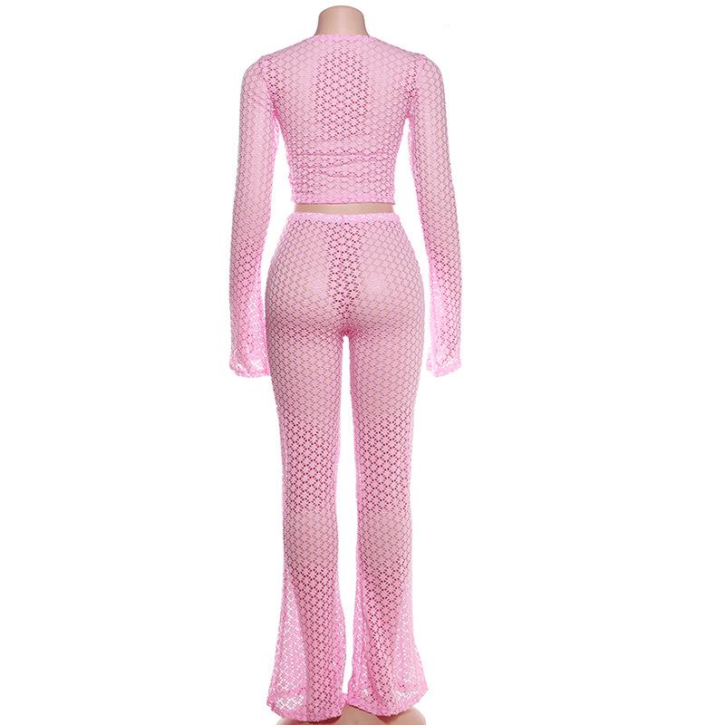 Long flared sleeve hollow out see through crop pant set