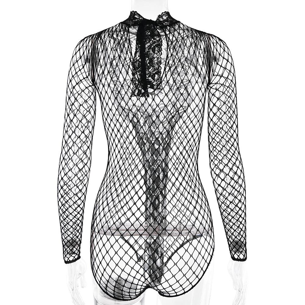 Crewneck long sleeve fishnet see through romper