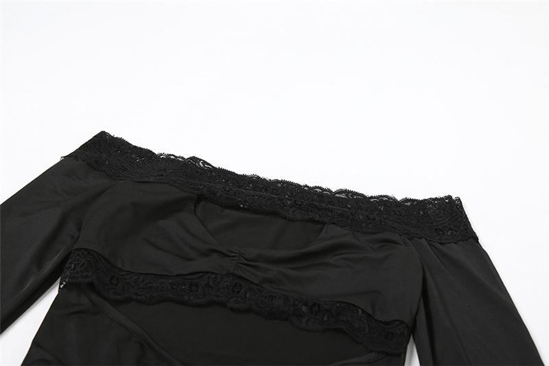 Long sleeve off shoulder lace hem hollow out mini dress